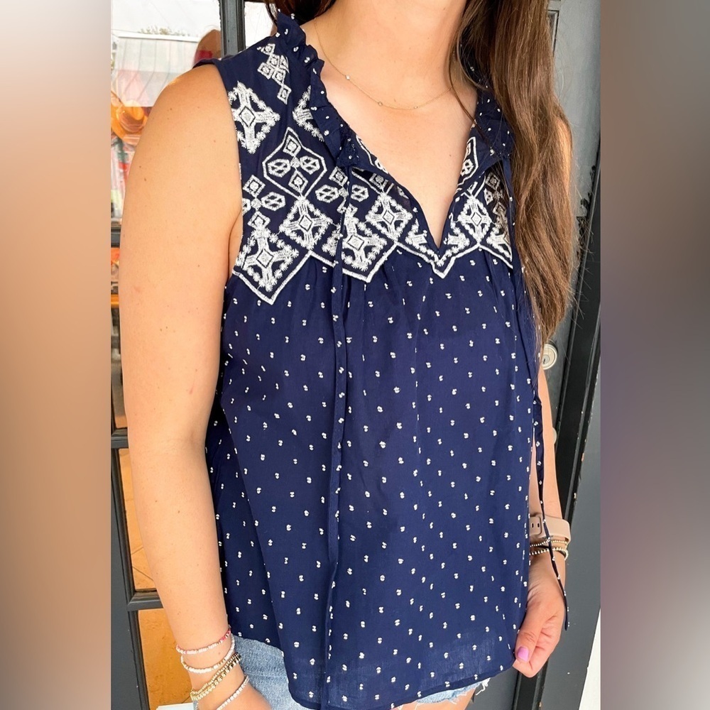 MINE Navy Blue Embroidered Boho Polka Dot Sleeveless Blouse Top Small Blue